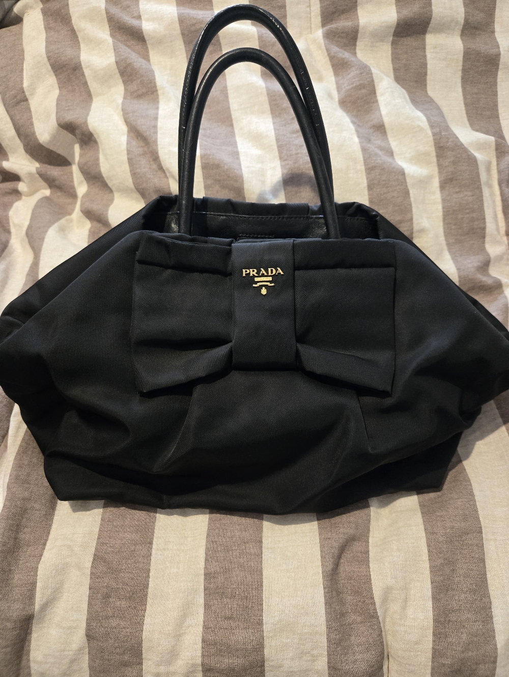 Prada Black Bow Top-Handle Tote with Gold Logo